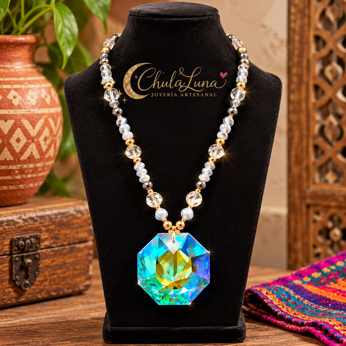 Maxi Collar Artesanal con Cristales y Piedra  Tornasol